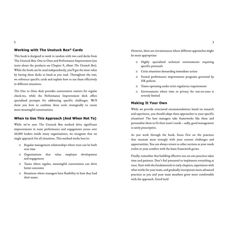 The Unstuck Box® 1-to-1 Core Kit (5 + 1 Bundle) includes five decks and a free playbook for improving workplace conversations and leadership skills.