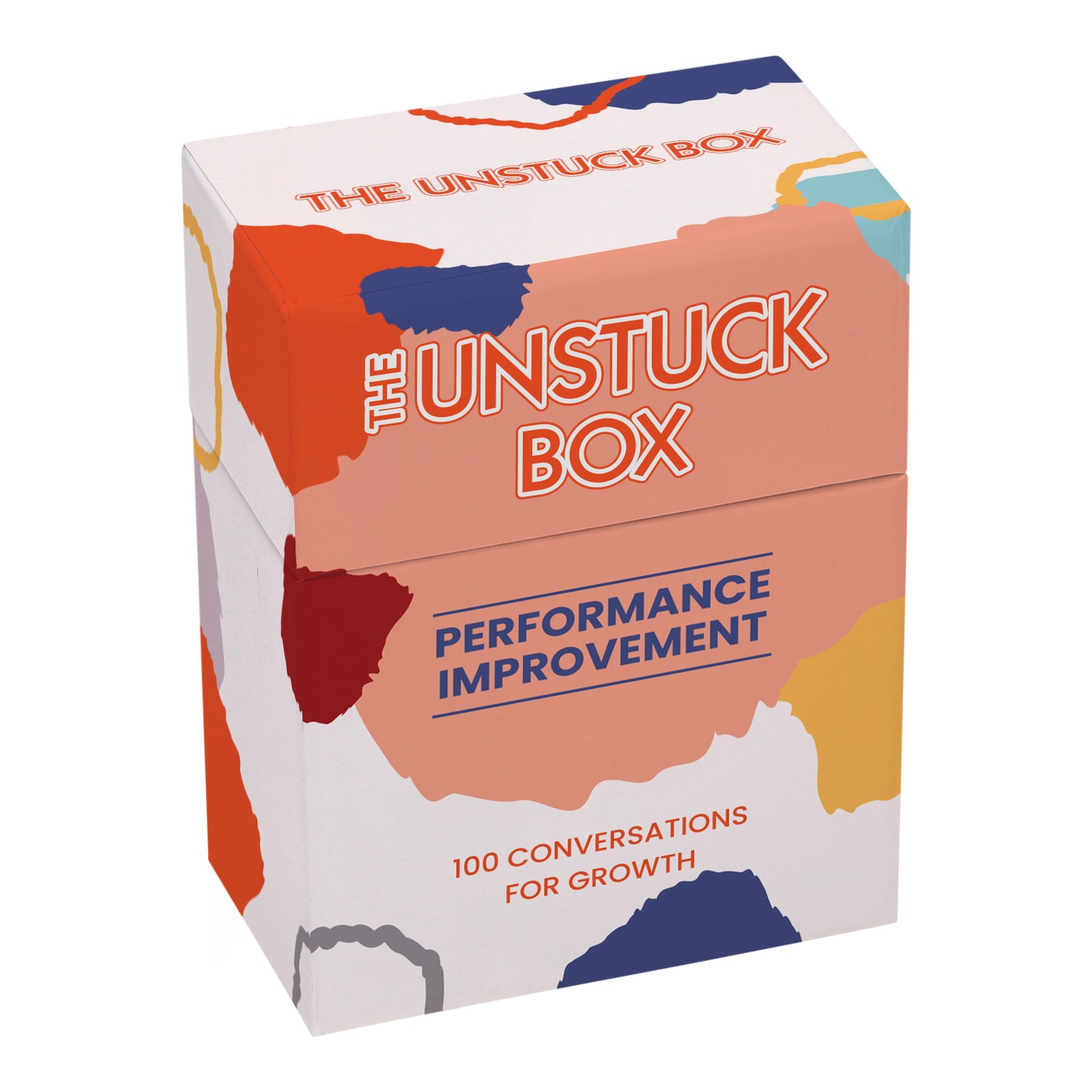 The Unstuck Box: Performance Improvement featuring colorful packaging designed to foster growth and unlock potential through 100 powerful prompts for effective performance management.