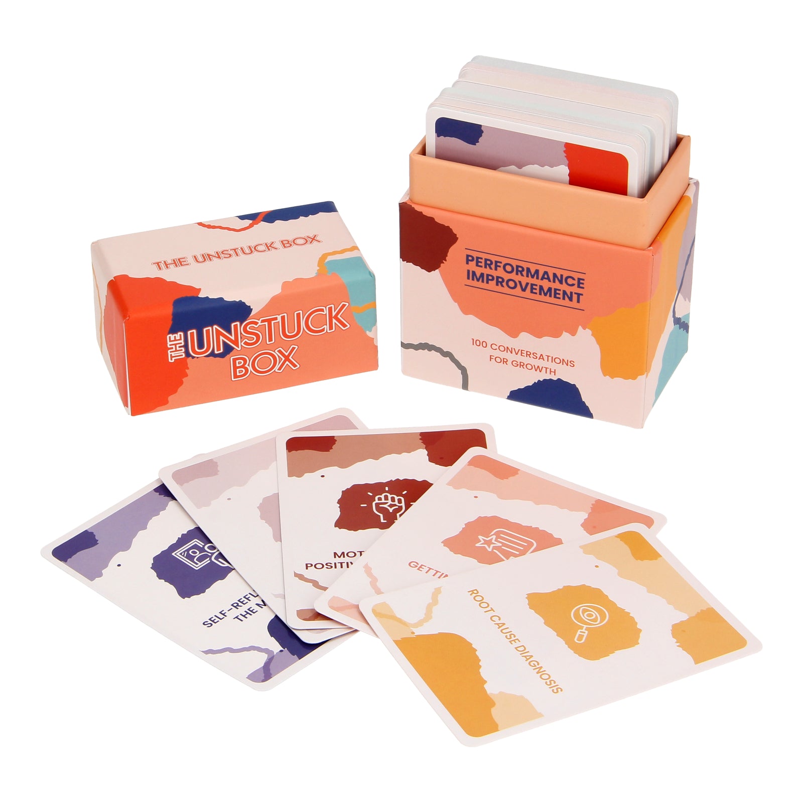 The Unstuck Box: Performance Improvement with 100 prompt cards for effective performance management, featuring meaningful conversation guides and professional development resources.
