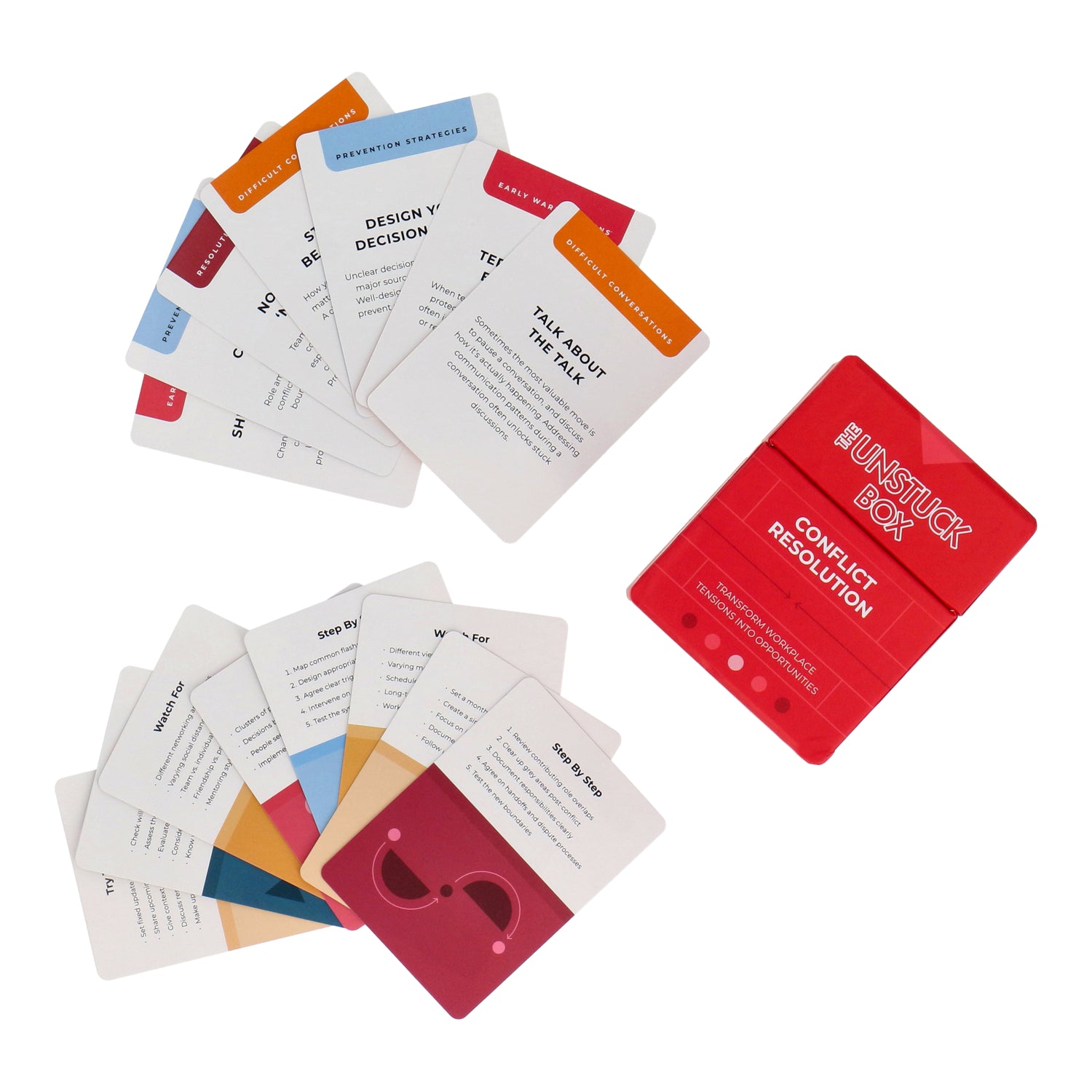 The Unstuck Box®: Conflict Resolution featuring a set of cards with conflict resolution techniques, enclosed in a red box with white text.
