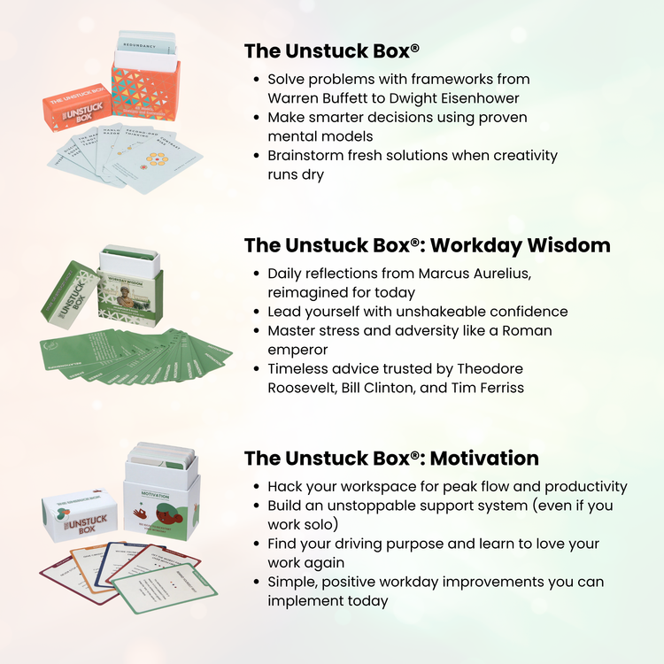 The Daily Spark Bundle ⚡️: Three card decks for problem-solving, workday wisdom, and motivation, shown with fanned-out cards highlighting key prompts and exercises.