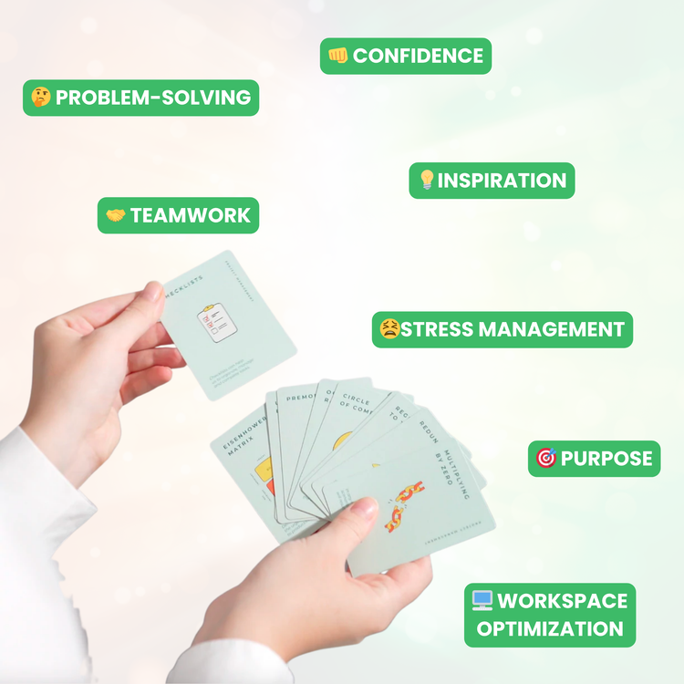 Person holding The Daily Spark Bundle ⚡️, featuring productivity cards like Checklists and icons, with benefits including problem-solving and stress management, highlighted around the deck.