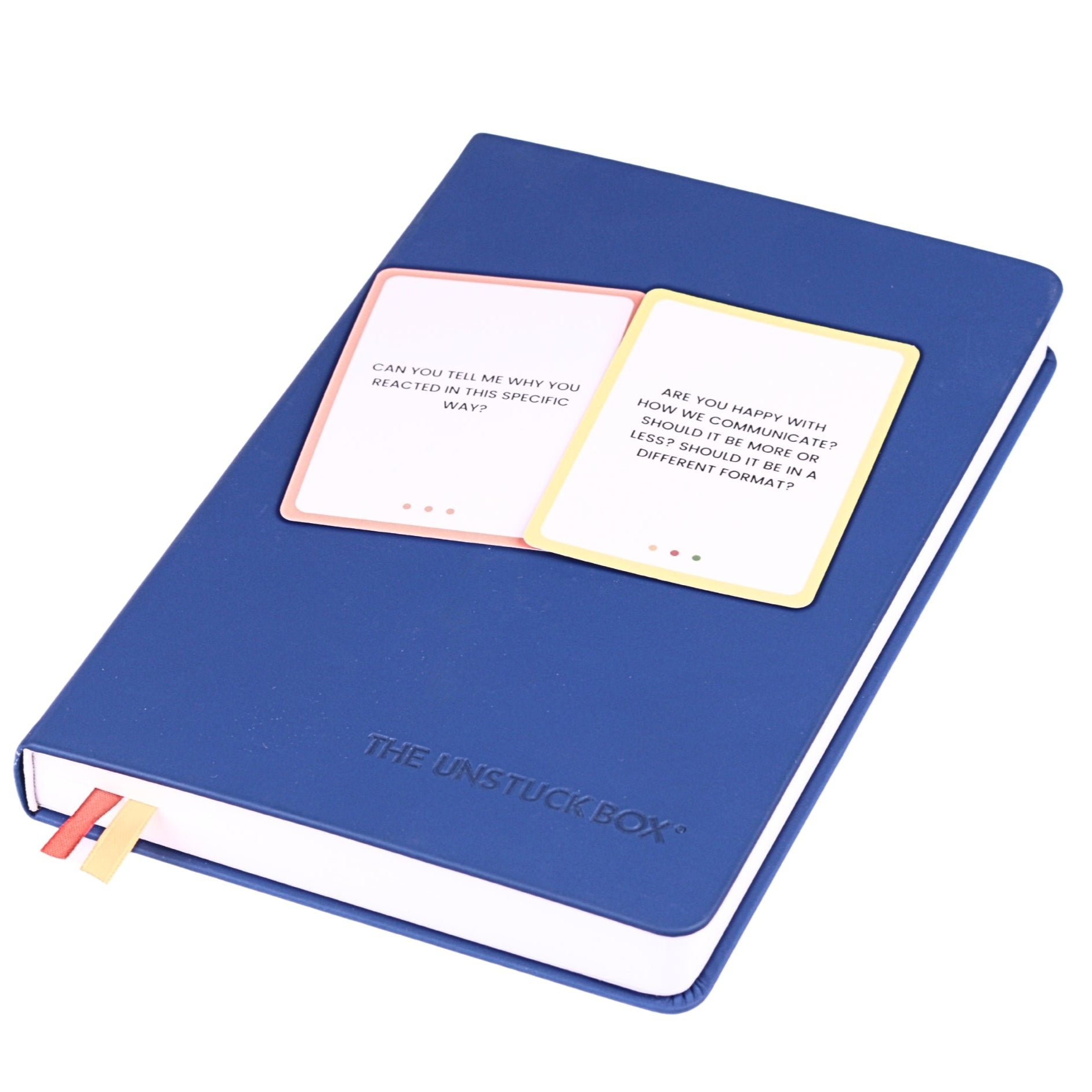 The Unstuck Box®: One to Ones Planner, hardcover with elastic closure, features structured prompts, free-form note space, and double ribbon bookmarks for effective 1-1 meetings.