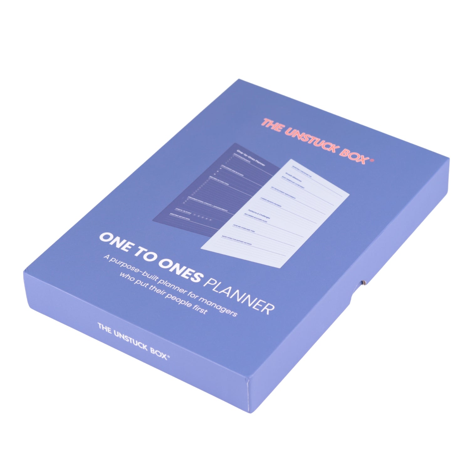 The Unstuck Box®: One to Ones Planner, a hardcover notebook with structured prompts, ribbon bookmarks, and an elastic closure, designed for effective 1-1 management meetings.