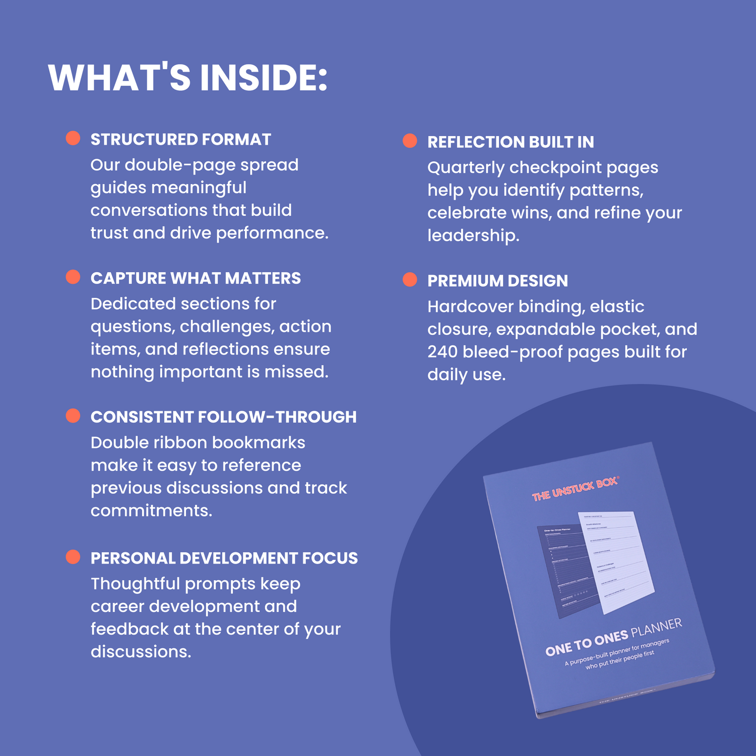 The Unstuck Box®: One to Ones Planner, hardcover with elastic closure, features structured meeting prompts, note space, ribbon bookmarks, and an expandable pocket for effective management.