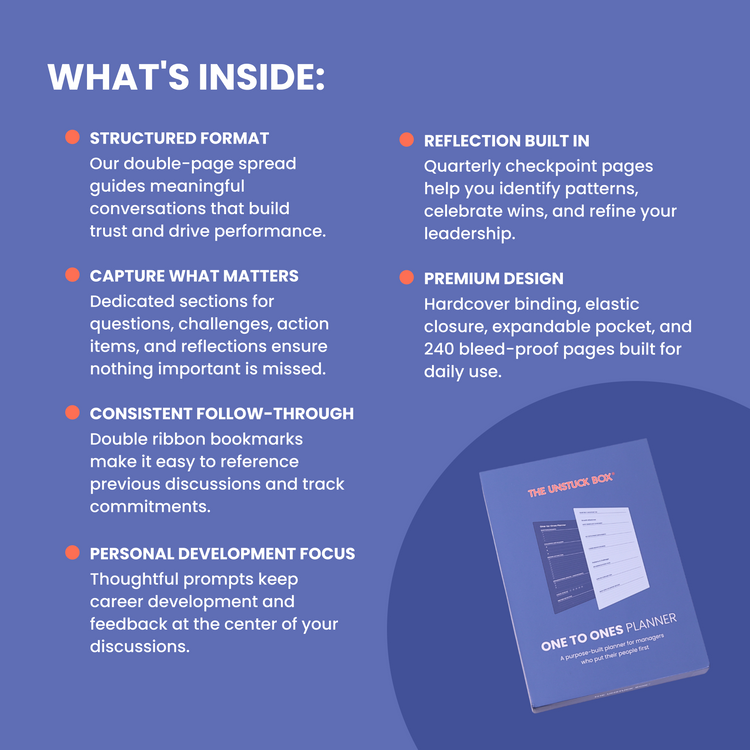 The Unstuck Box®: One to Ones Planner, hardcover with elastic closure, features structured meeting prompts, note space, ribbon bookmarks, and an expandable pocket for effective management.