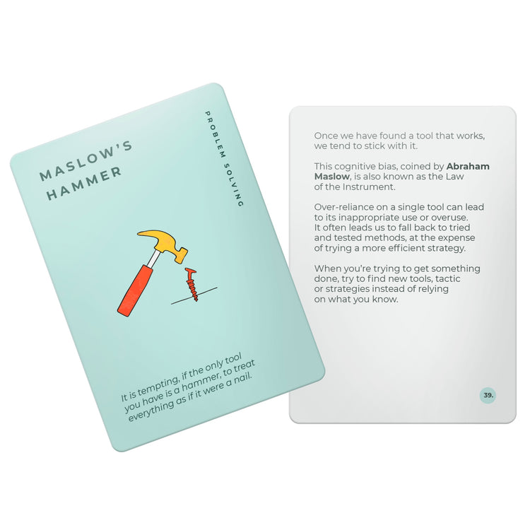 The Unstuck Box - A deck of cards featuring tools for strategic thinking, problem-solving, decision-making, project management, and leadership, with a hammer illustration.