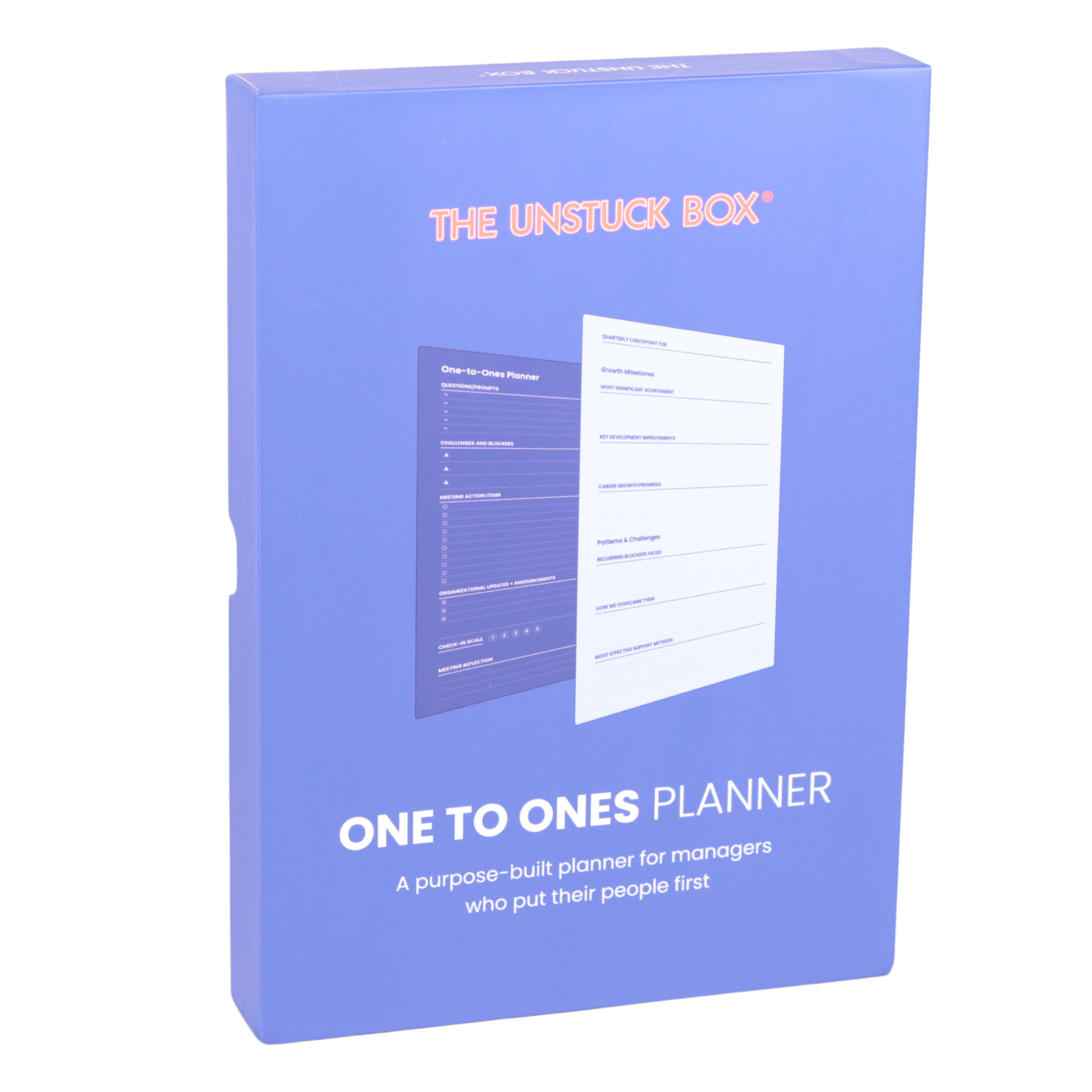 The Unstuck Box®: One to Ones Planner with hardcover, elastic closure, and double-page meeting format for structured managerial conversations and documentation.