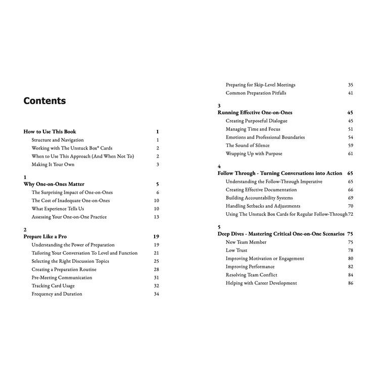 The Unstuck Box® 1-to-1 Core Kit (5 + 1 Bundle) featuring decks for enhancing workplace conversations and leadership skills, including a free High-Impact 1:1 Playbook.