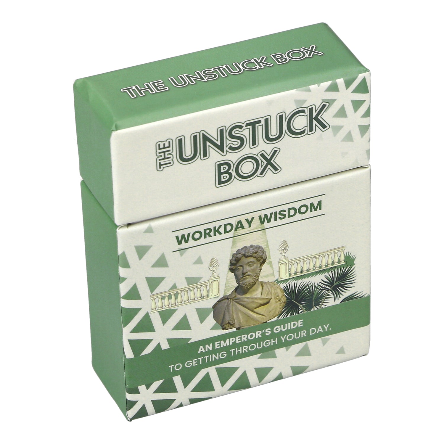 The Unstuck Box: Workday Wisdom deck in a presentation box with a picture and text, featuring 49 leadership and motivation ideas from Marcus Aurelius' Meditations.