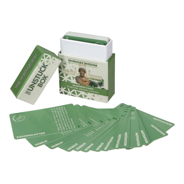 The Unstuck Box: Workday Wisdom – A card game with 49 leadership insights from Marcus Aurelius, stored in a presentation box featuring a man's image.