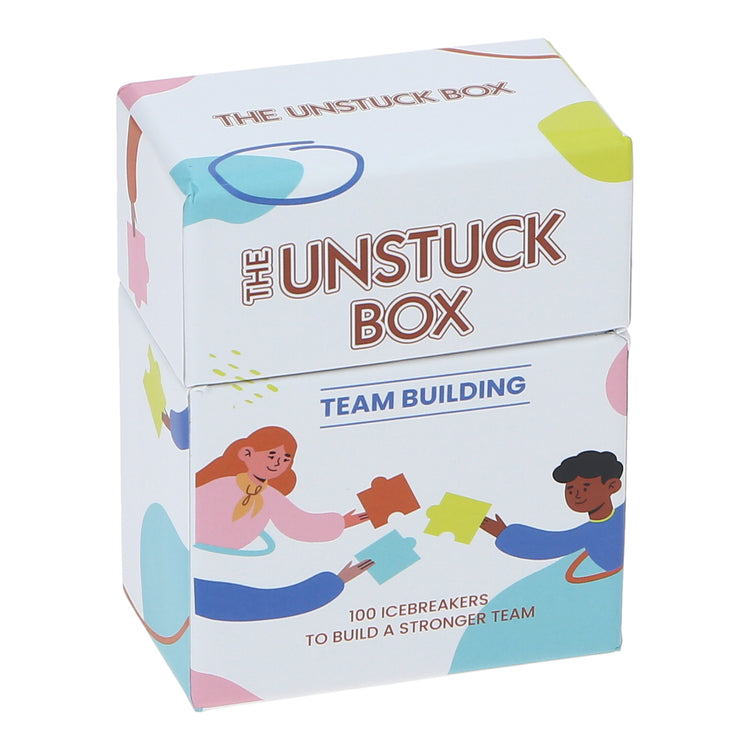 The Unstuck Box: Team Building Cards displayed in packaging, featuring prompts to enhance team communication and collaboration through 100 conversation starters.