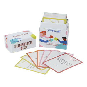 The Unstuck Box: Team Building Cards, featuring 100 prompts in a white box with colorful designs, ideal for enhancing workplace communication and collaboration.