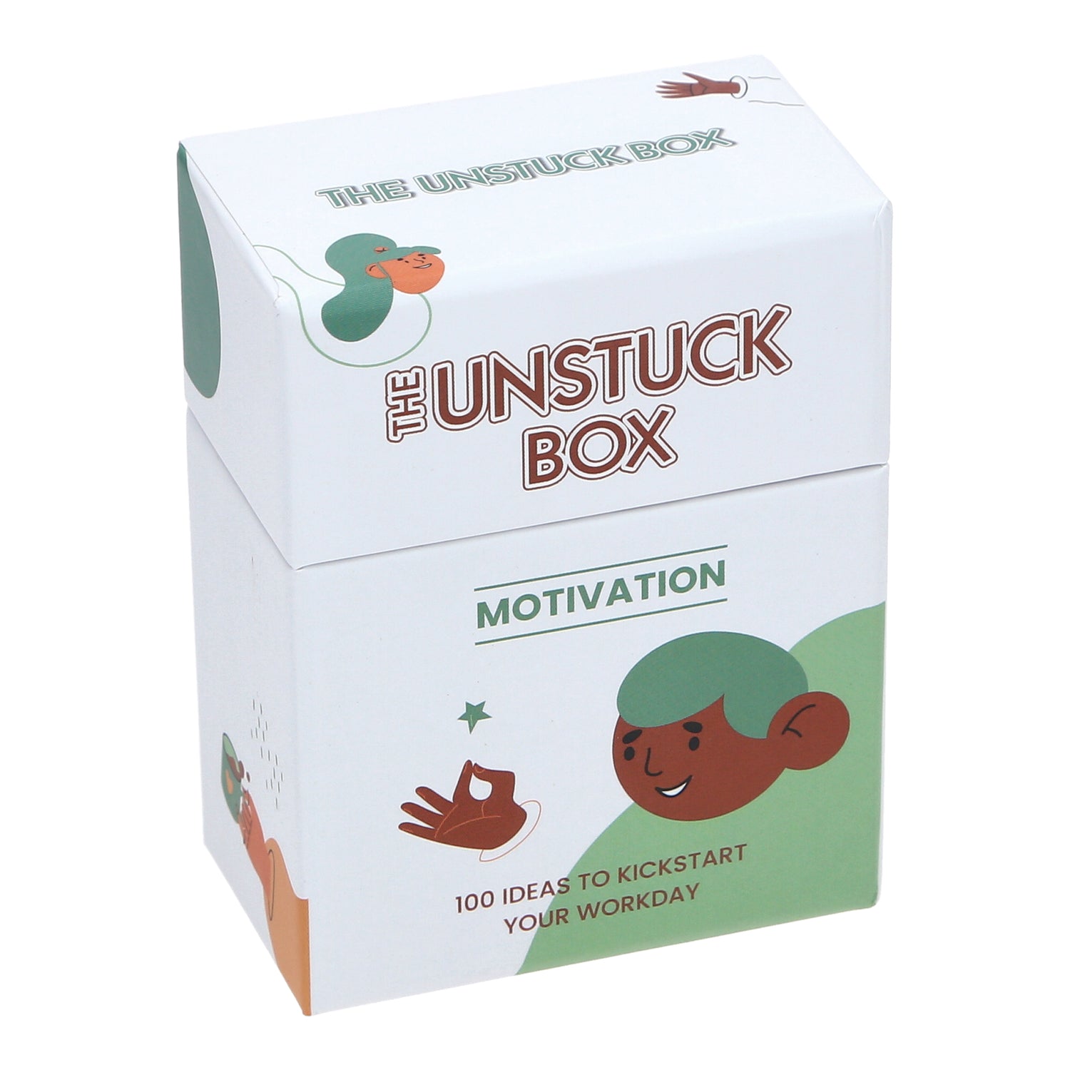 The Unstuck Box: Motivation, a white box featuring motivational tools, includes categories to improve workday productivity and build supportive networks.