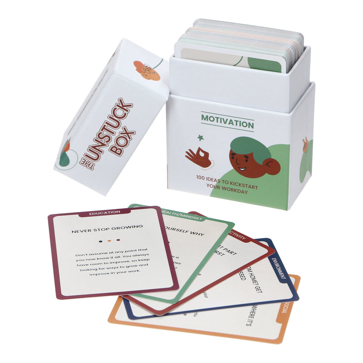 The Unstuck Box: Motivation, featuring a white box with cards and a cartoon character, designed to provide simple, positive workday improvements and build a supportive network.