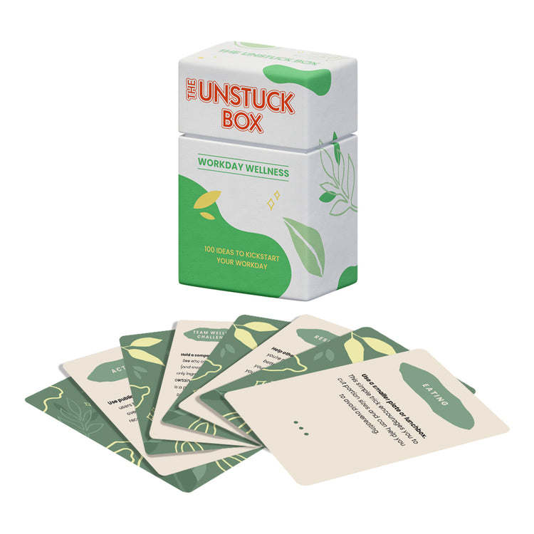 The Unstuck Box: Workday Wellness - A white box with green text containing cards offering 100 tips for improving health and productivity at work.