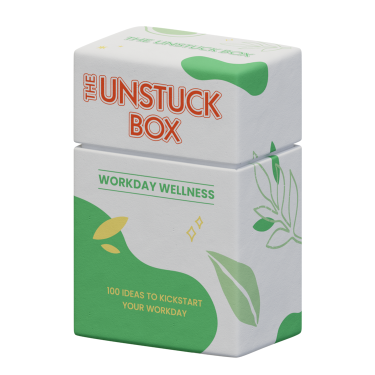 The Unstuck Box: Workday Wellness deck of cards in a white box with green text, designed to improve health and productivity.