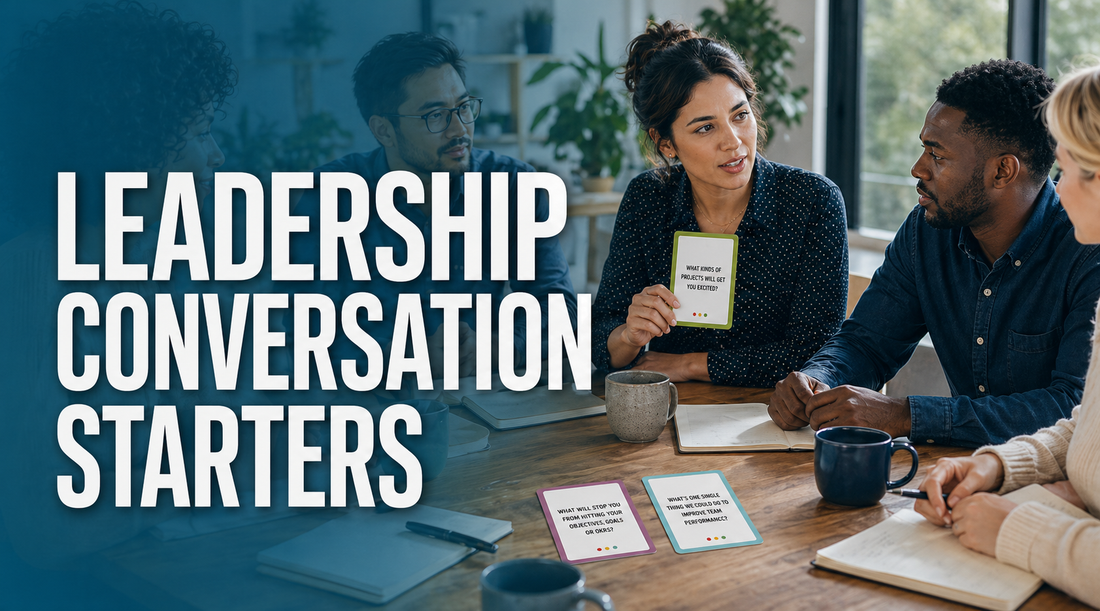 Managers using leadership conversation starter cards in a team meeting