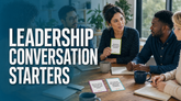 Managers using leadership conversation starter cards in a team meeting