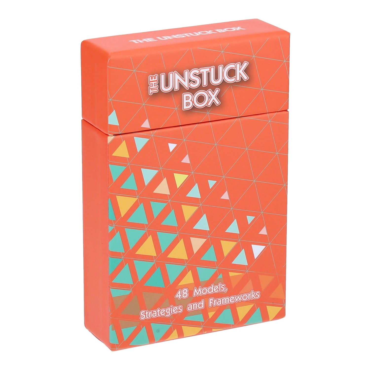 The Unstuck Box - Upsized Edition: A heavy-duty box with a patterned design, containing 48 cards for strategic thinking, problem-solving, decision-making, project management, and leadership.