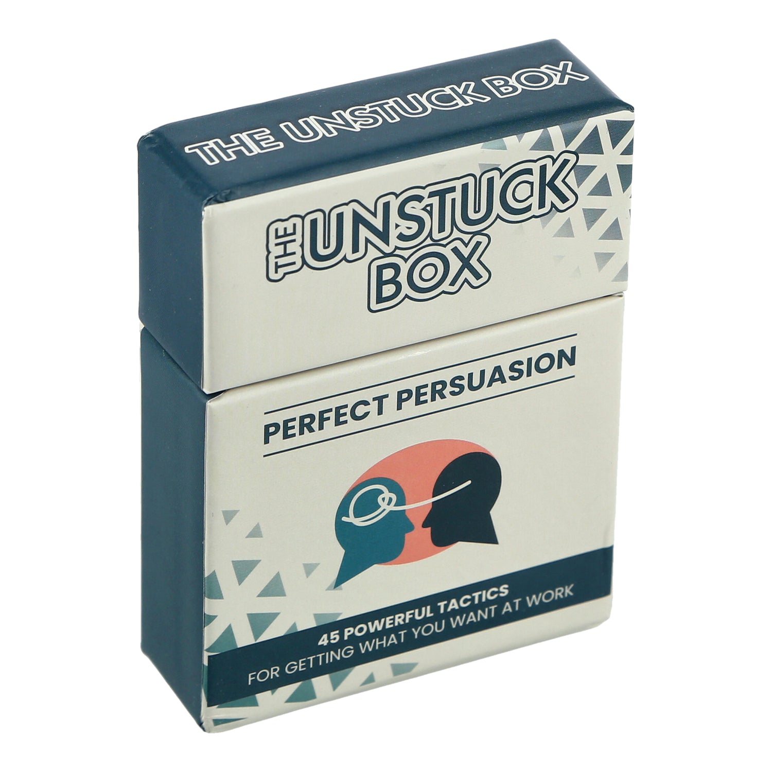 The Unstuck Box: Perfect Persuasion, a game box featuring a chat bubble with two heads, designed to enhance persuasion skills with 45 actionable cards.