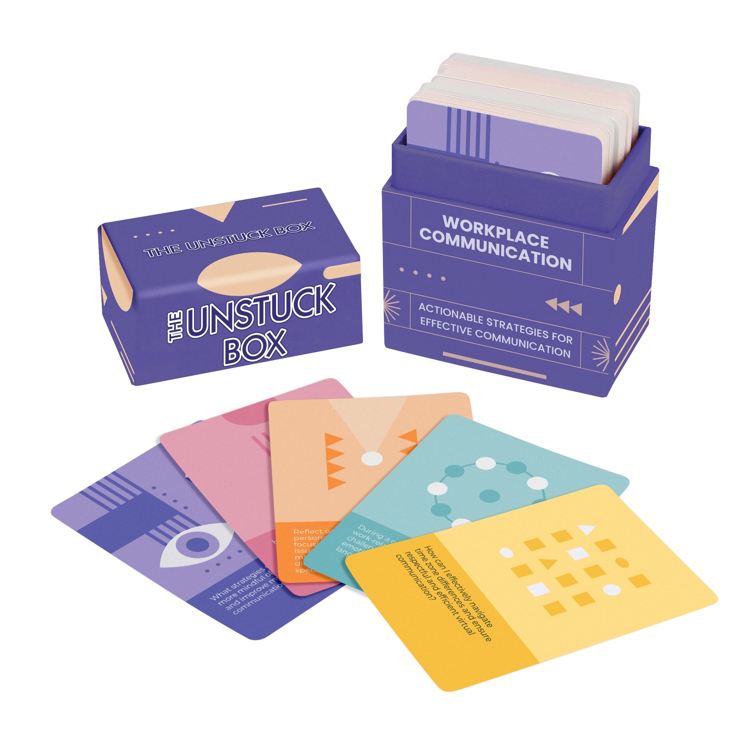 The Unstuck Box: Workplace Communication showing a boxed set of cards with strategies for effective workplace communication and several individual cards displayed.