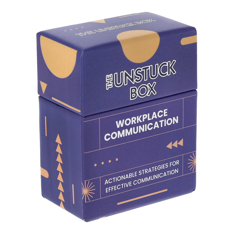 The Unstuck Box: Workplace Communication, featuring a purple box with white text, offers strategies for effective workplace communication.