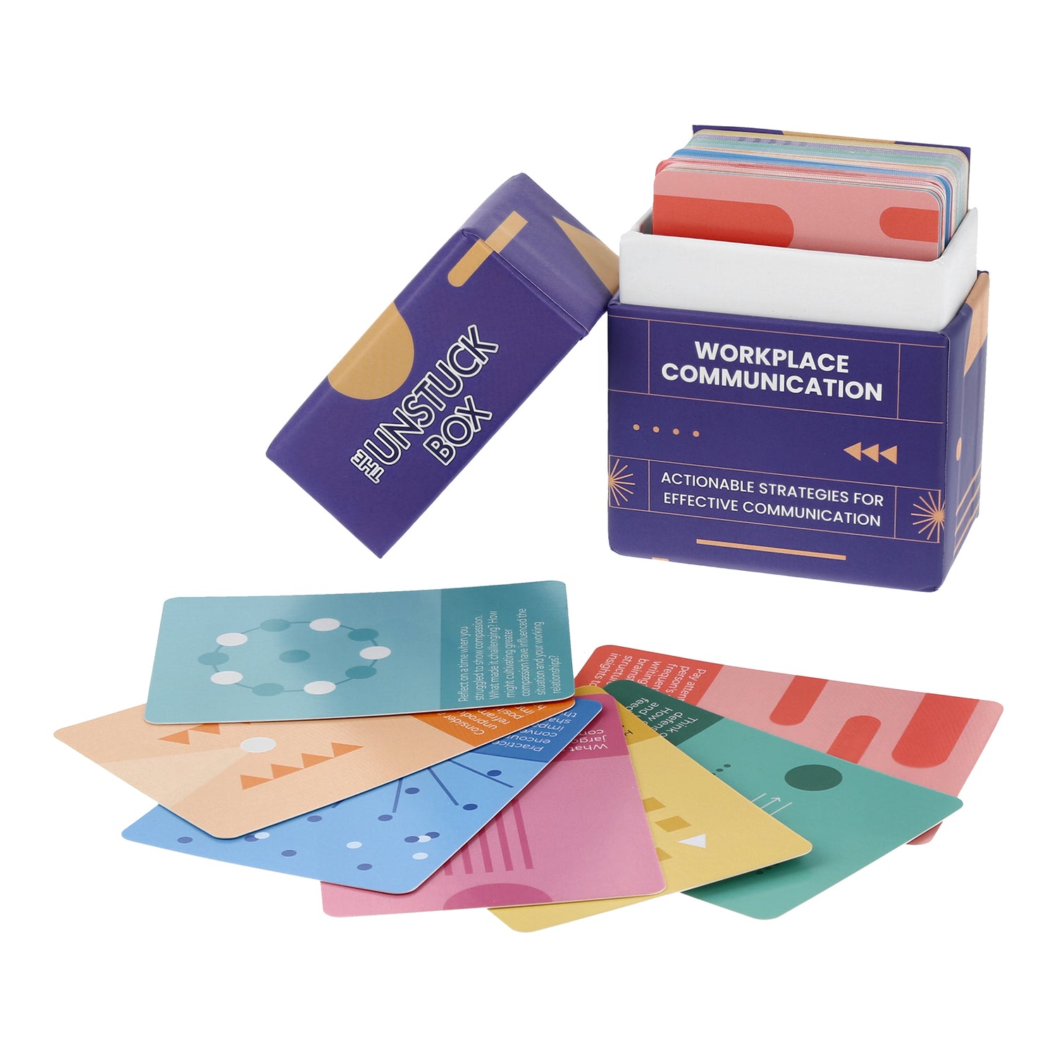 The Unstuck Box: Workplace Communication, featuring a box with cards designed to enhance communication skills in the workplace.