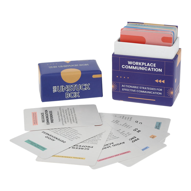 The Unstuck Box: Workplace Communication, featuring a purple box with white text, includes cards with strategies for effective workplace communication.