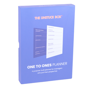 The Unstuck Box®: One to Ones Planner with hardcover, elastic closure, and double-page meeting format for structured managerial conversations and documentation.