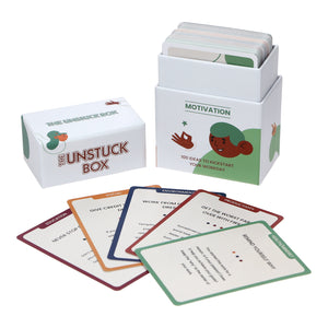 The Unstuck Box: Motivation includes a white box with cards featuring tips on improving workday habits, teamwork, and tools.