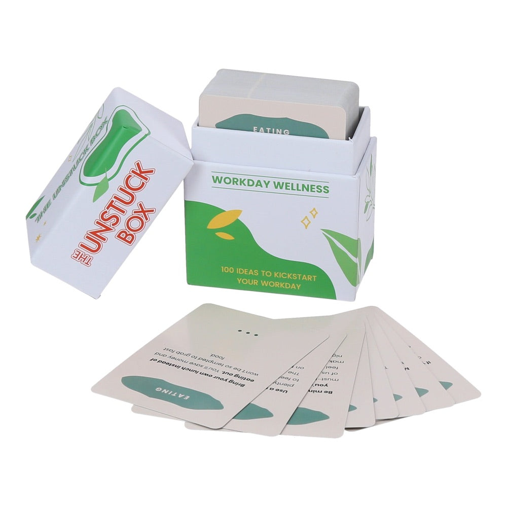 The Unstuck Box Workday Wellness deck with a fan of prompt cards — 100 ideas to kickstart your workday