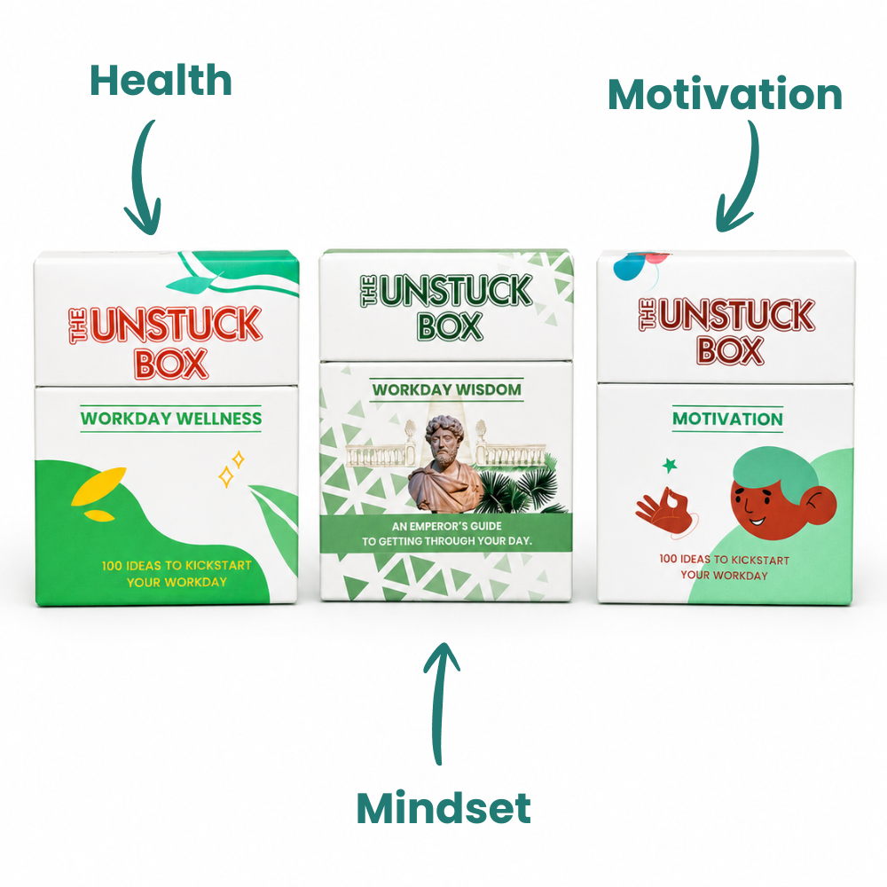 The Better You at Work set — three Unstuck Box decks for Health, Motivation and Mindset