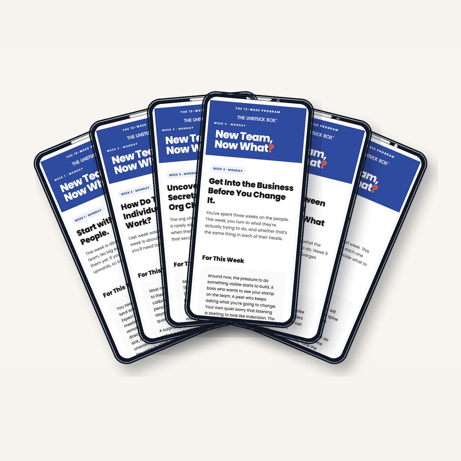 Six phone previews showing the weekly New Team, Now What email course.