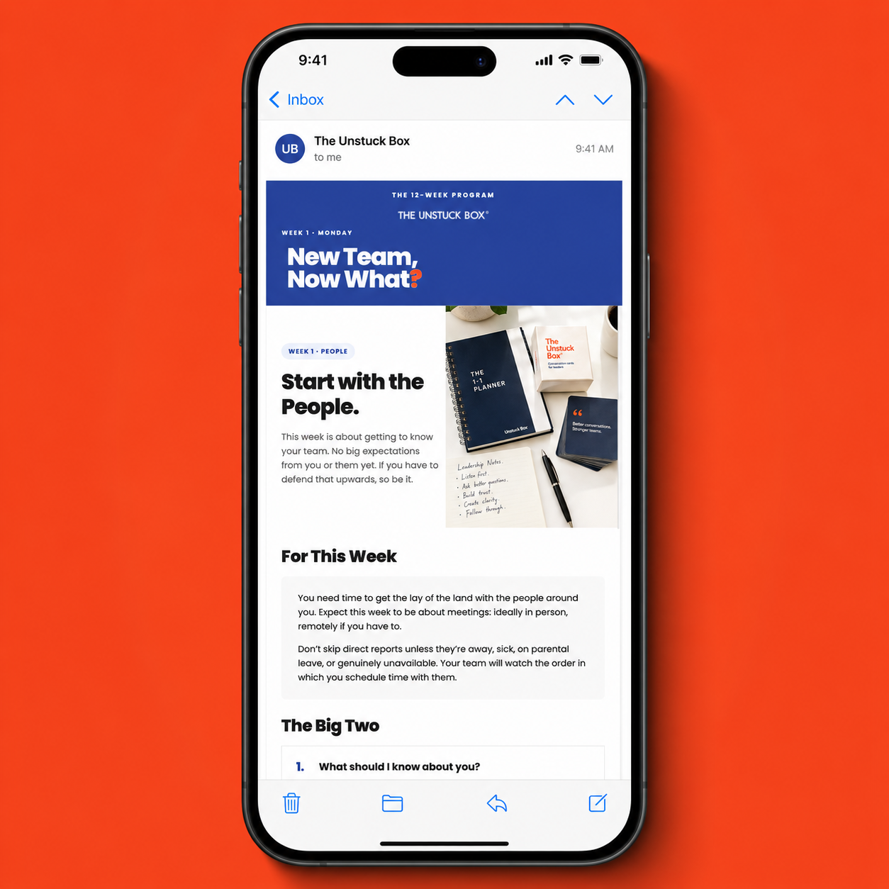 Email preview for the 12-week New Team, Now What program on an iPhone against an orange background.